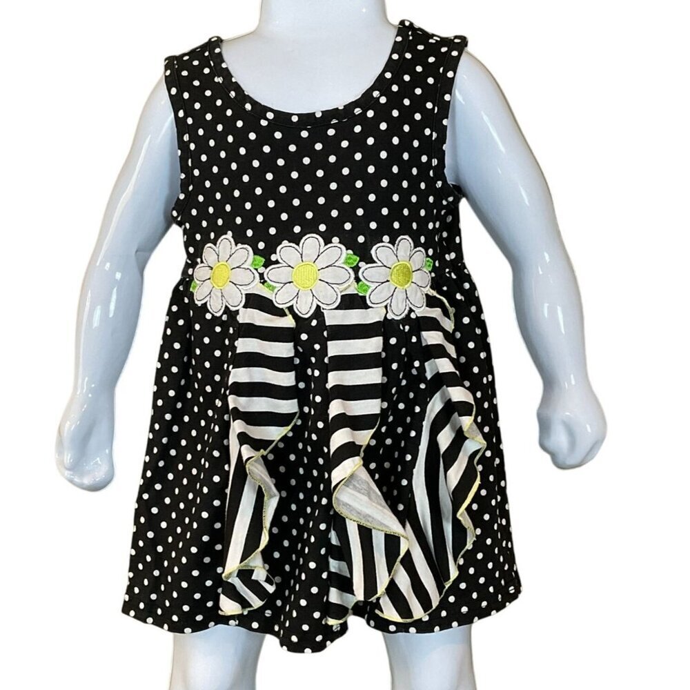 Nannette Girls' Polka Dot & Striped Tunic Daisy Appliques Ruffles Bow Size 5